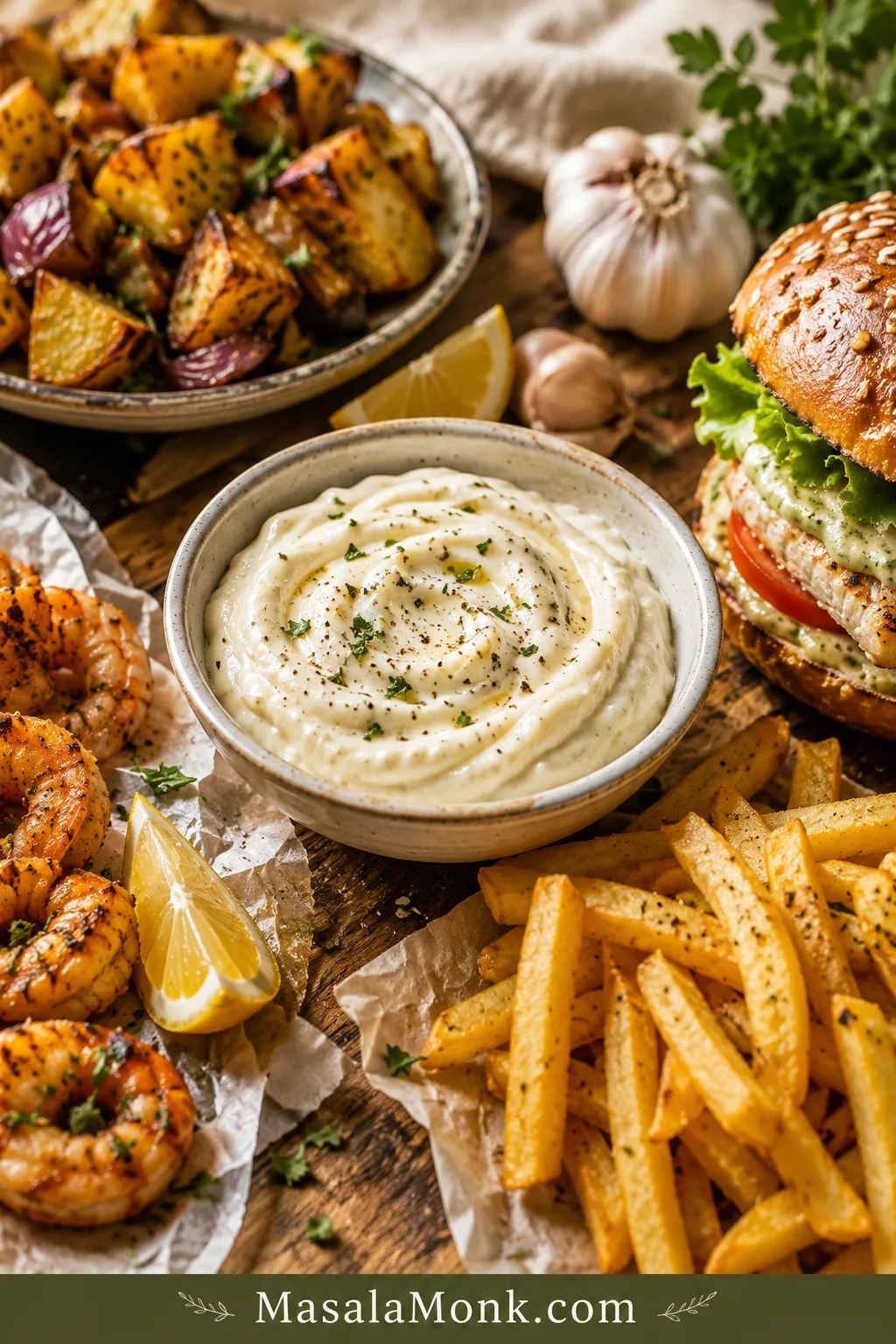 Bowl of creamy garlic aioli served with fries, a burger, shrimp, lemon wedges, roasted vegetables, and garlic on a wooden table.