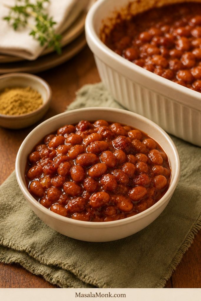 Bowl of homemade baked beans served beside the baking dish.