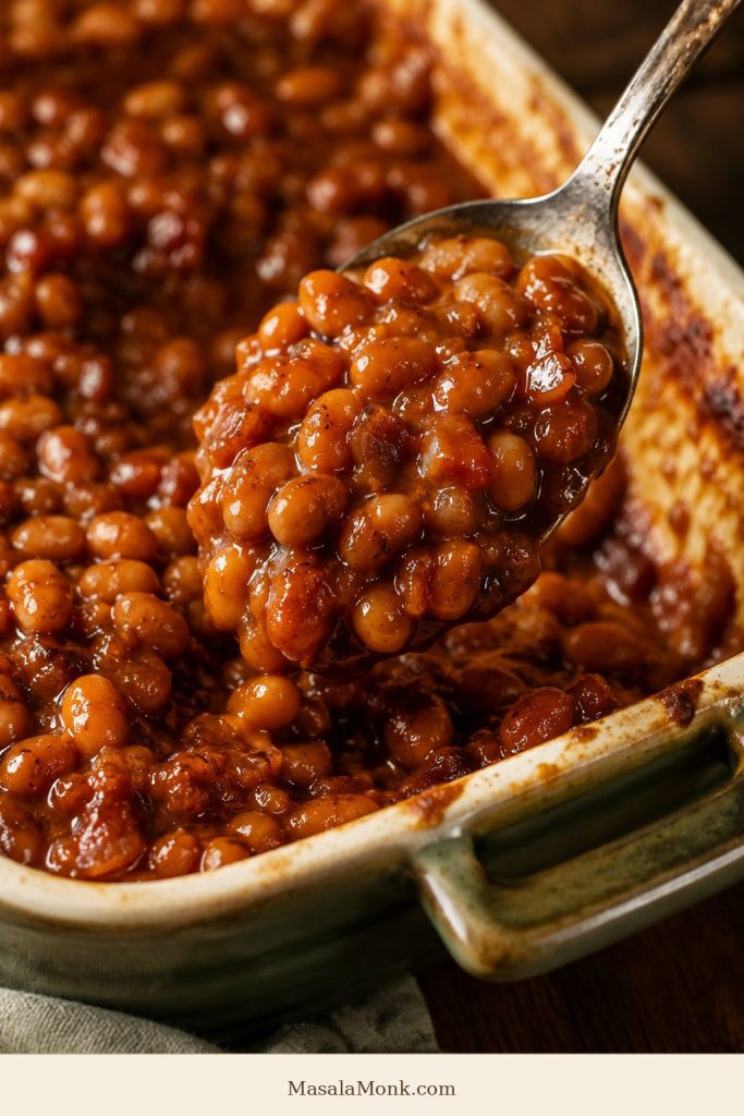Spoon lifting thick baked beans from a ceramic baking dish.