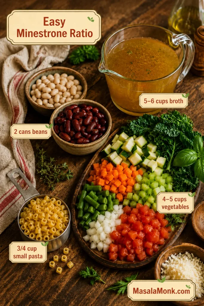 Broth, beans, chopped vegetables, and small pasta arranged on a rustic counter as an easy minestrone ratio guide.