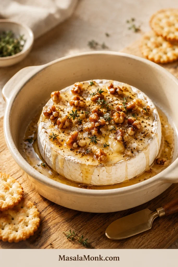 No-pastry baked brie in a cream ceramic dish with honey, walnuts, thyme, crackers, and a small serving knife.