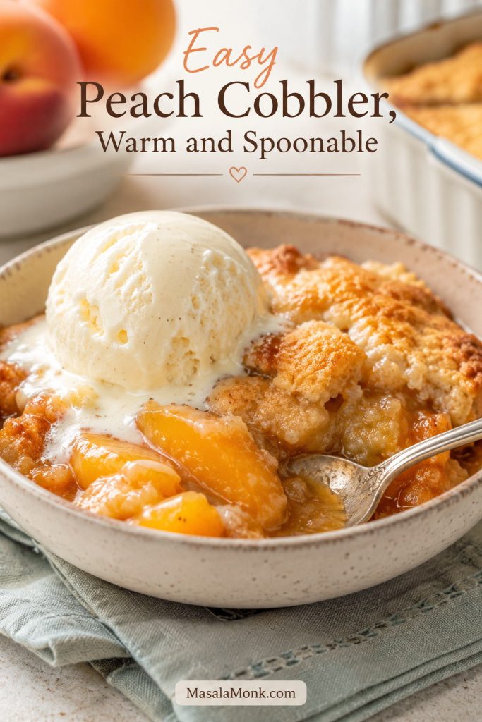 Warm peach cobbler served in a bowl with vanilla ice cream melting into the peach syrup and golden topping.