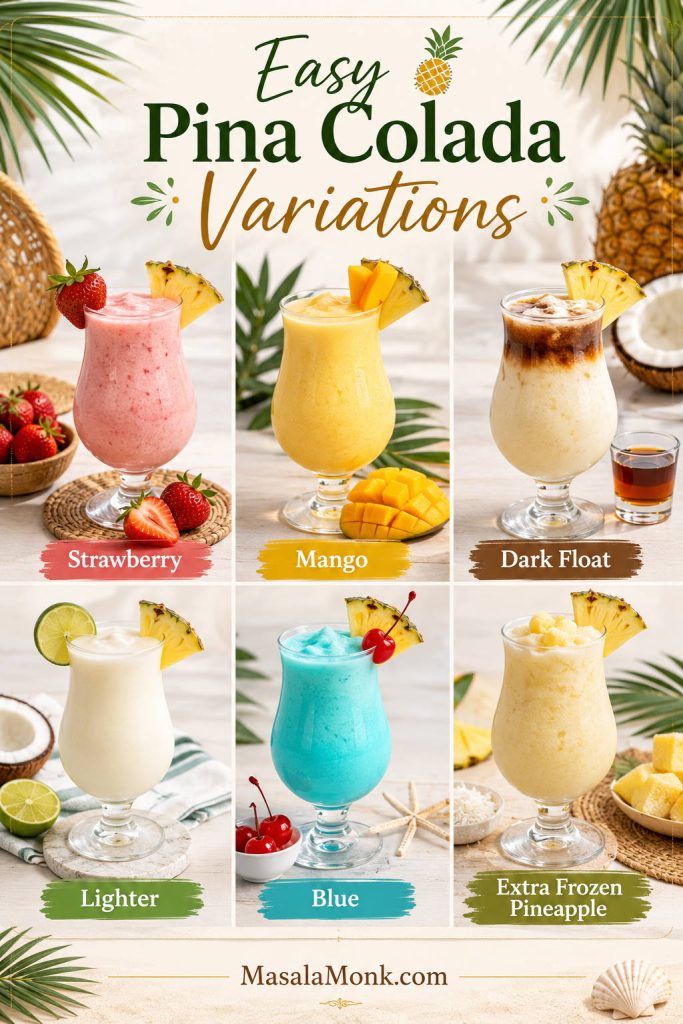 Pina colada variations board showing strawberry, mango, dark float, lighter, blue, and extra frozen pineapple versions.
