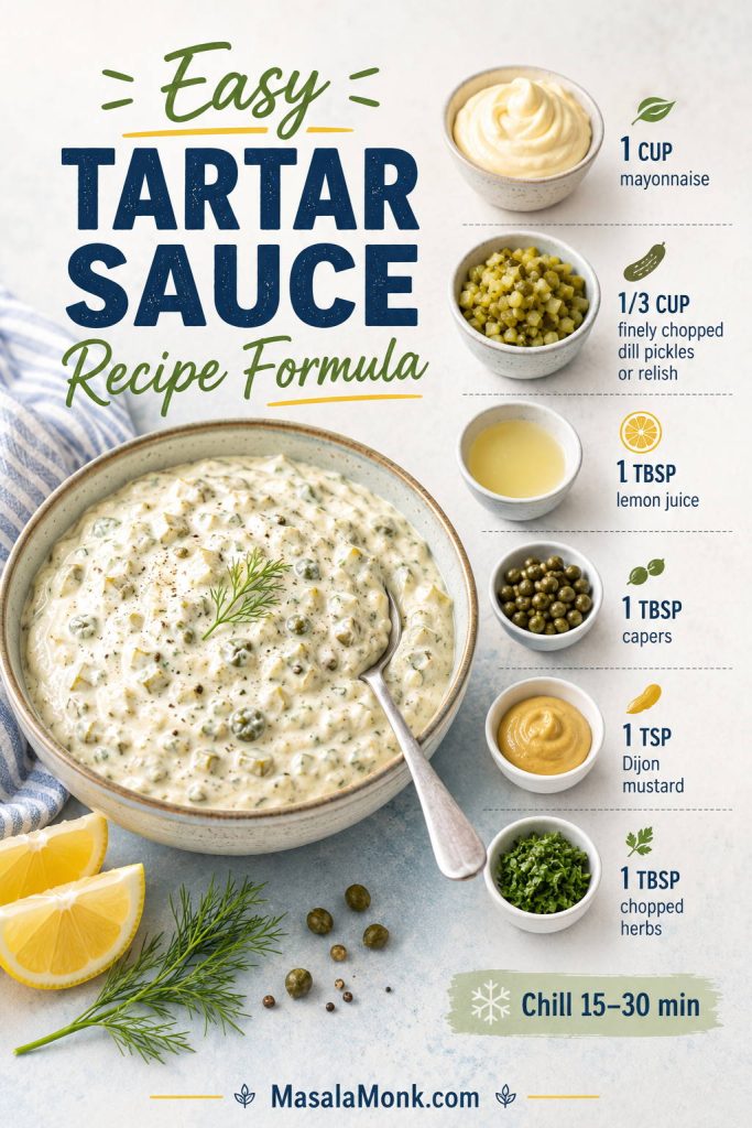 Formula board showing mayonnaise, chopped dill pickles or relish, lemon juice, capers, Dijon mustard, herbs, chill time, and finished tartar sauce