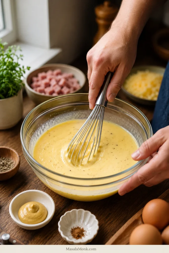 Hands whisking a pale egg custard mixture in a glass bowl with dairy, Dijon mustard, pepper, and seasonings nearby.