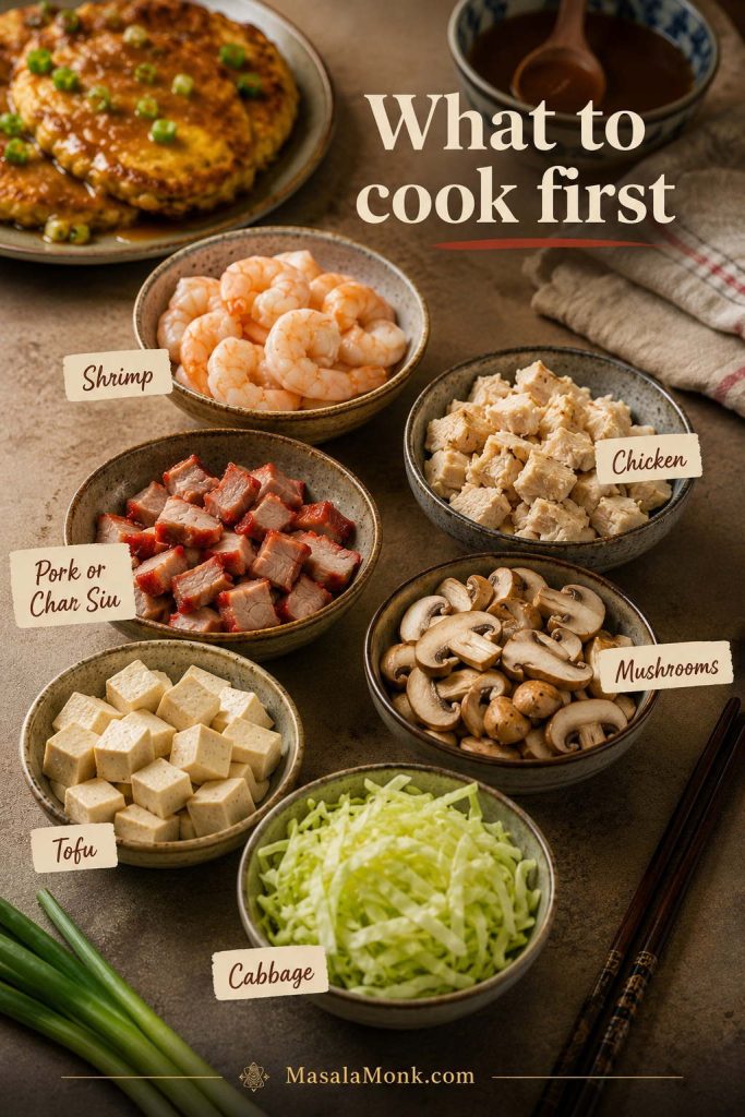 Prep bowls of shrimp, cooked chicken, pork or char siu, tofu, mushrooms, and cabbage for Egg Foo Young variations.