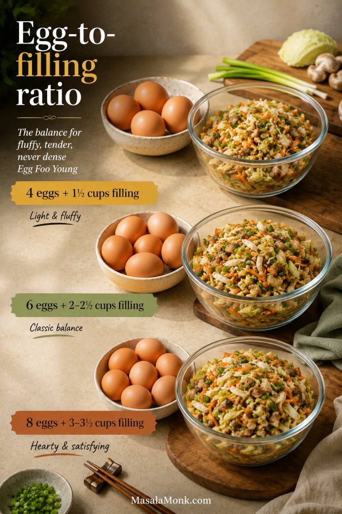 Egg Foo Young ratio guide showing bowls for 4 eggs, 6 eggs, and 8 eggs with measured amounts of vegetables and protein.