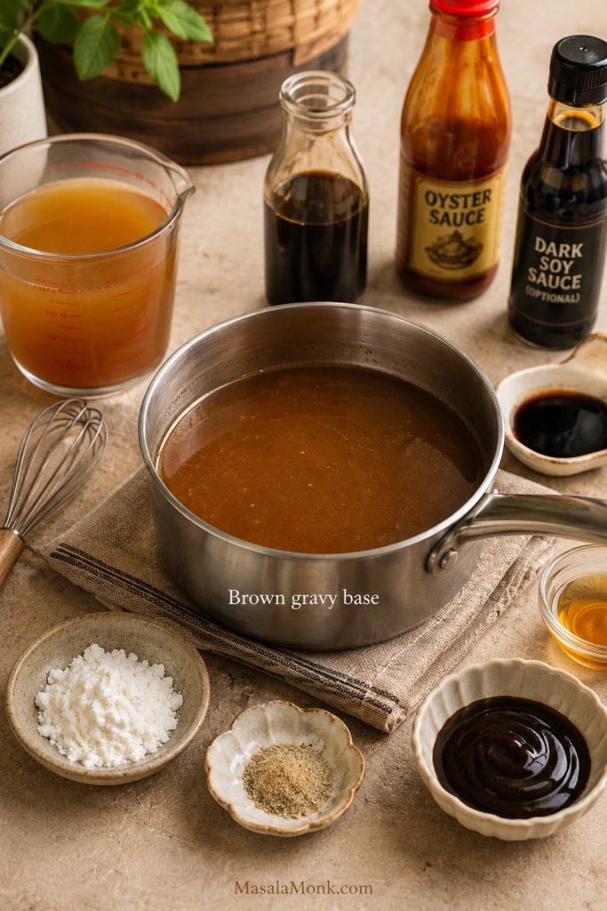 Saucepan with Egg Foo Young gravy ingredients including stock, soy sauce, oyster sauce, cornstarch, white pepper, sesame oil, and dark soy sauce.