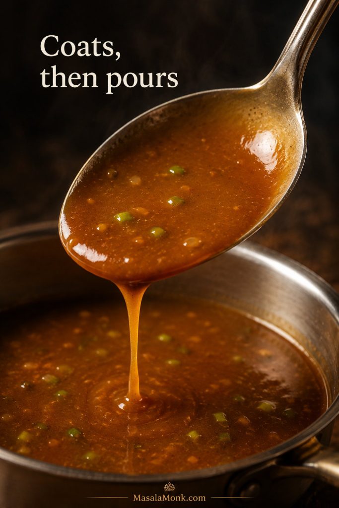 Glossy brown Egg Foo Young gravy coating the back of a spoon with a visible drip over a saucepan.