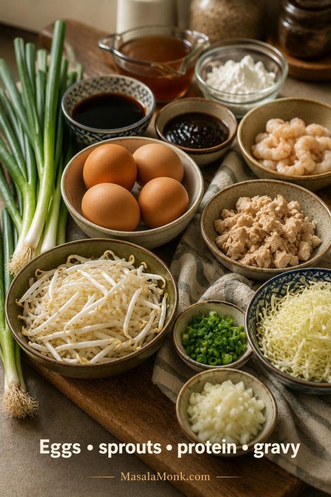 Egg Foo Young ingredients including eggs, bean sprouts, scallions, cabbage, chopped protein, soy sauce, stock, oyster sauce, and cornstarch on a prep counter.