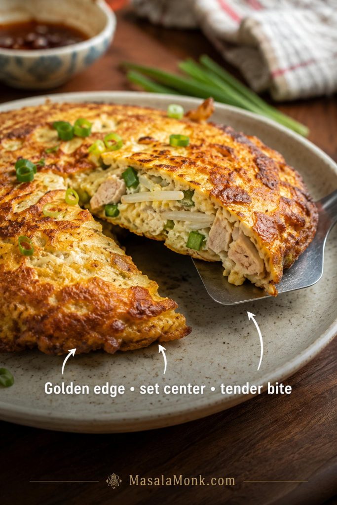 Cut-open Egg Foo Young patty with golden edges, a set center, bean sprouts, scallions, and visible filling.