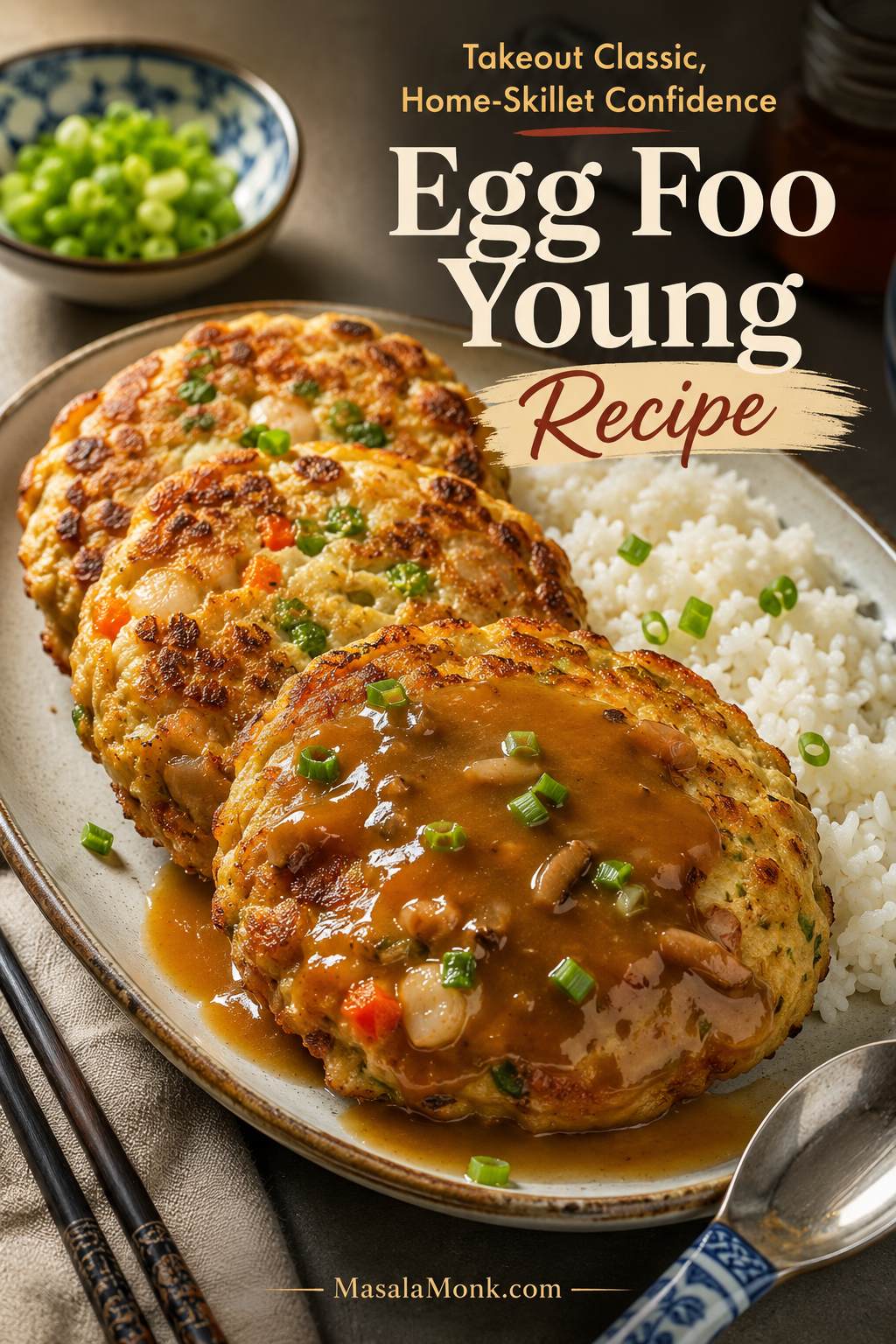 Golden Egg Foo Young patties served with brown gravy, sliced scallions, steamed rice, chopsticks, and a spoon on a ceramic plate.