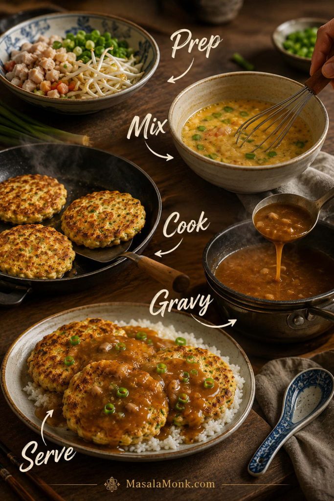 Step-by-step Egg Foo Young process showing filling prep, egg mixing, patty cooking, gravy thickening, and serving with rice.