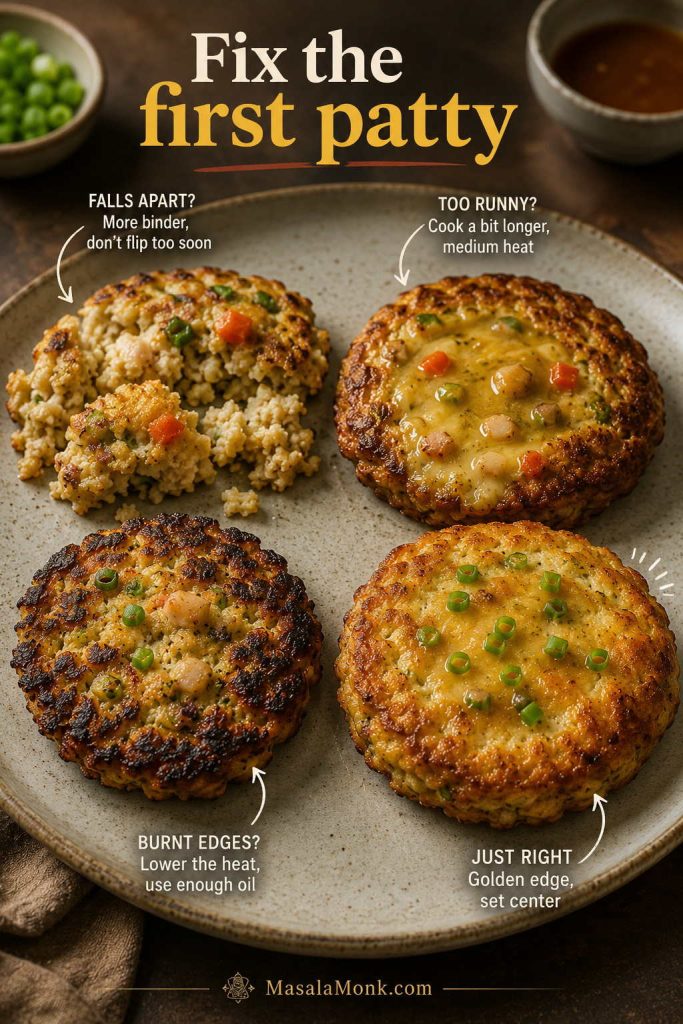 Egg Foo Young troubleshooting guide showing patties that fall apart, stay too runny, have burnt edges, and turn out just right.