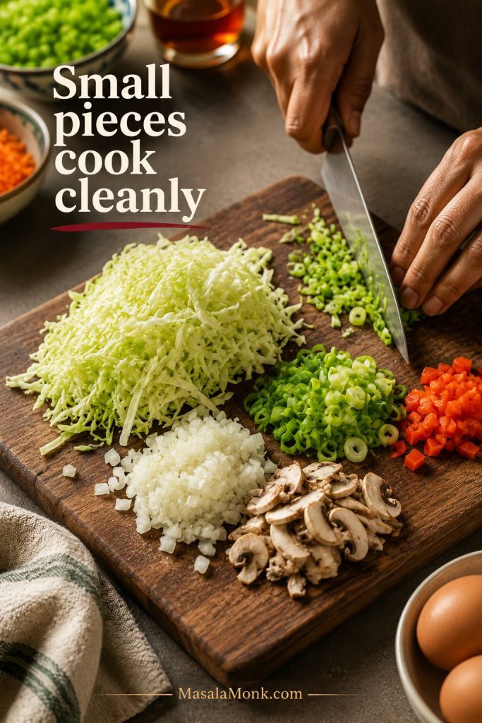 Hand slicing cabbage, scallions, onion, and mushrooms into small pieces on a cutting board for Egg Foo Young.