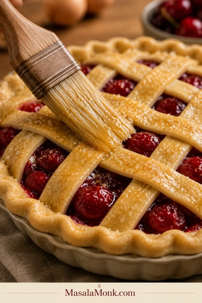 A pastry brush spreading egg wash over lattice pie crust with coarse sugar crystals visible on the dough.