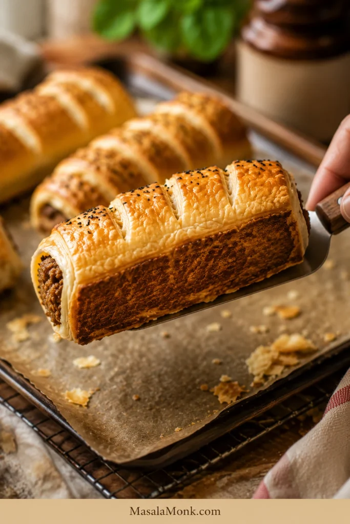 Unbaked sausage rolls brushed with egg wash, topped with seeds, and spaced on a parchment-lined tray.