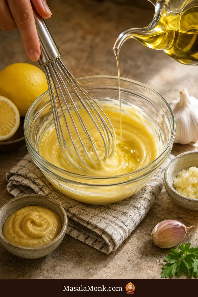 Egg yolk aioli mixture being whisked in a glass bowl while olive oil is poured in a thin stream, with garlic and lemon nearby.