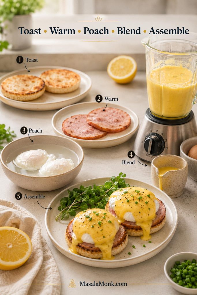 Brunch timing sequence showing toast, warm, poach, blend, and assemble steps for Eggs Benedict.