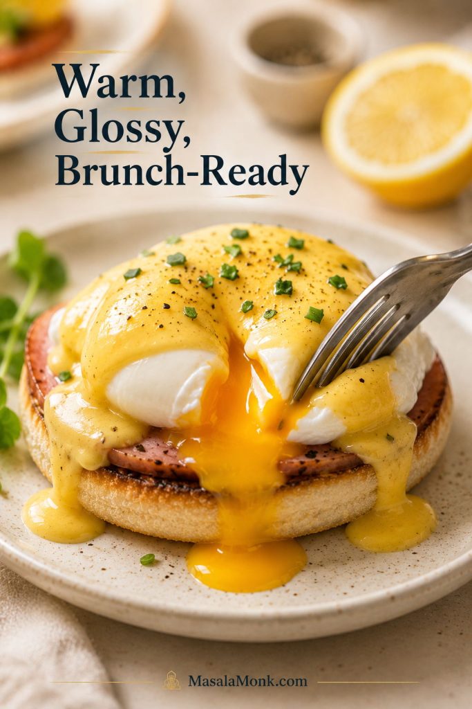 Fork cutting into Eggs Benedict with runny yolk mixing into glossy hollandaise sauce.
