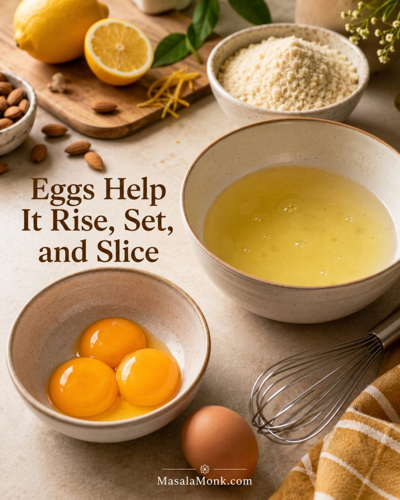 Separated egg yolks and egg whites in bowls with a whisk and almond flour nearby.
