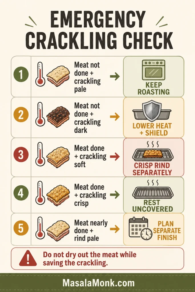 Troubleshooting chart showing what to do when pork meat is done or not done and crackling is pale, dark, soft, or crisp.