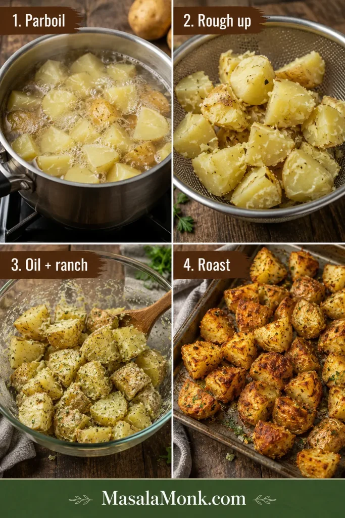 Four-step guide showing potatoes being parboiled, roughened after draining, tossed with oil and ranch seasoning, and roasted until crispy.