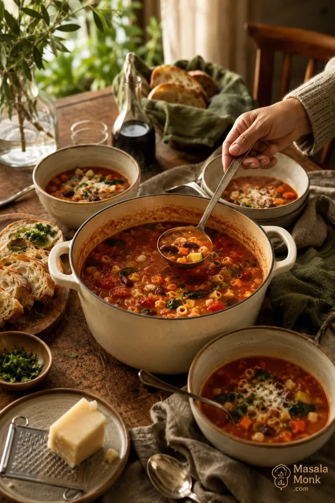 Family-style Dutch oven of minestrone soup on a wooden table with a ladle, bowls of soup, bread, herbs, cheese, and a hand serving soup.