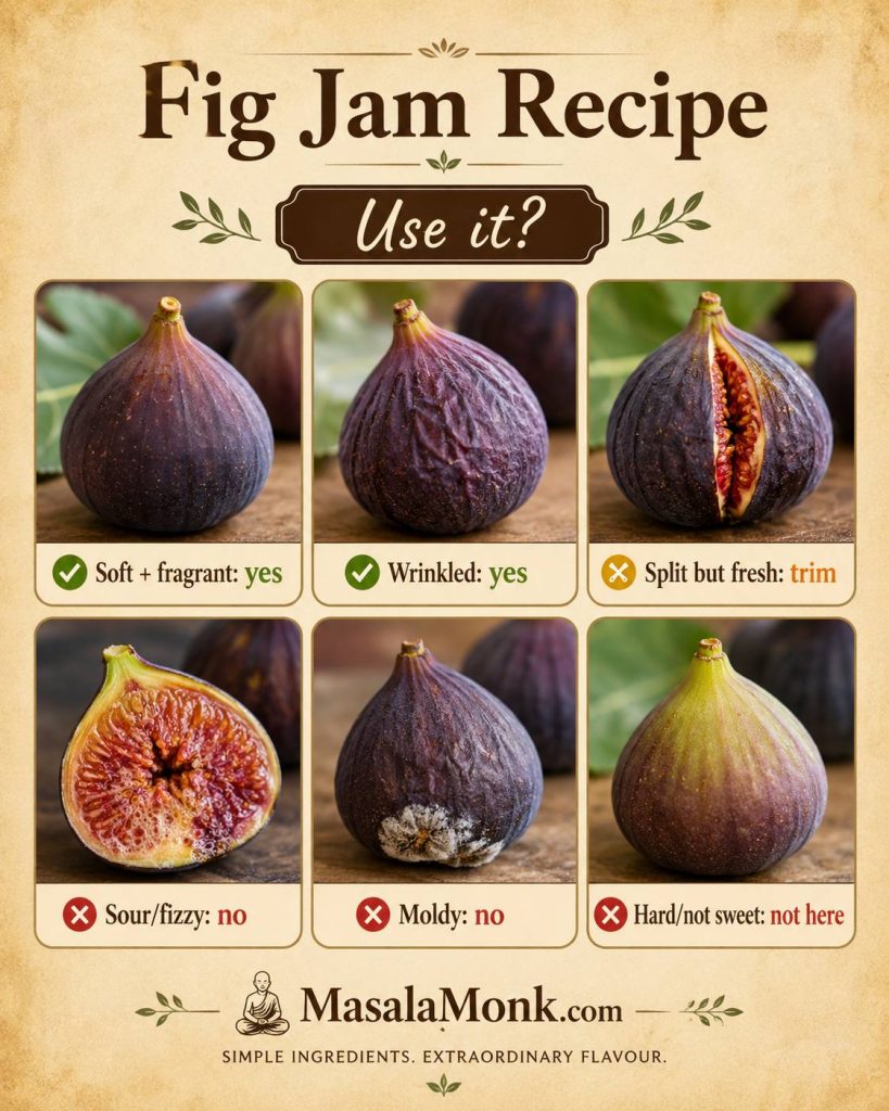 Guide showing which figs to use or discard for jam, including soft, wrinkled, split, sour, moldy, and hard figs.