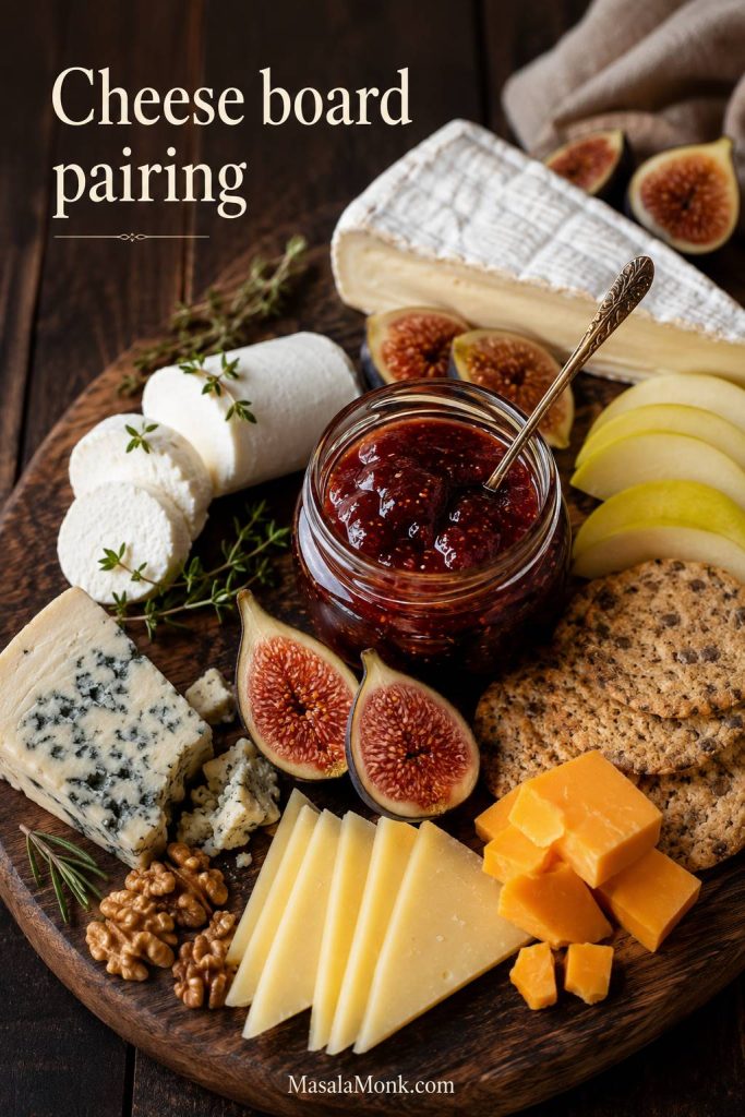 Cheese board with fig jam, brie, goat cheese, blue cheese, cheddar, crackers, nuts, figs, and sliced fruit.