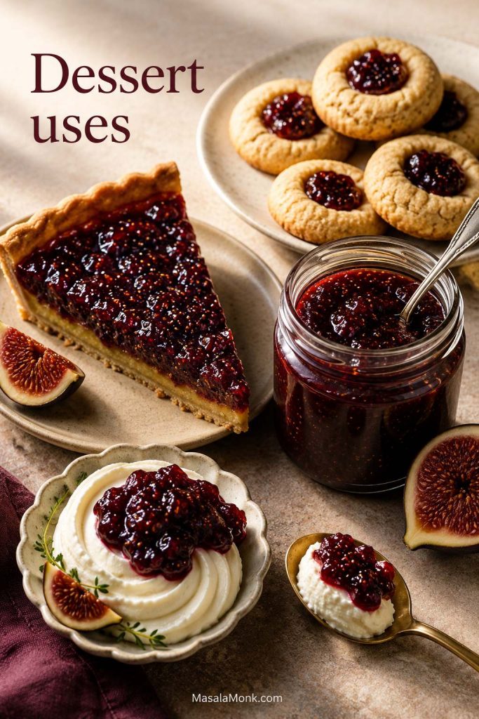 Fig jam used in a tart slice, thumbprint cookies, cream topping, and a spoonful of dessert.