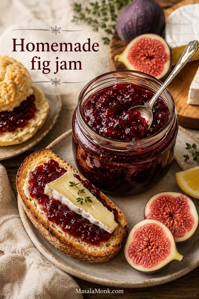 Open jar of homemade fig jam with a spoon, toast with brie, fresh halved figs, lemon, and a linen cloth.