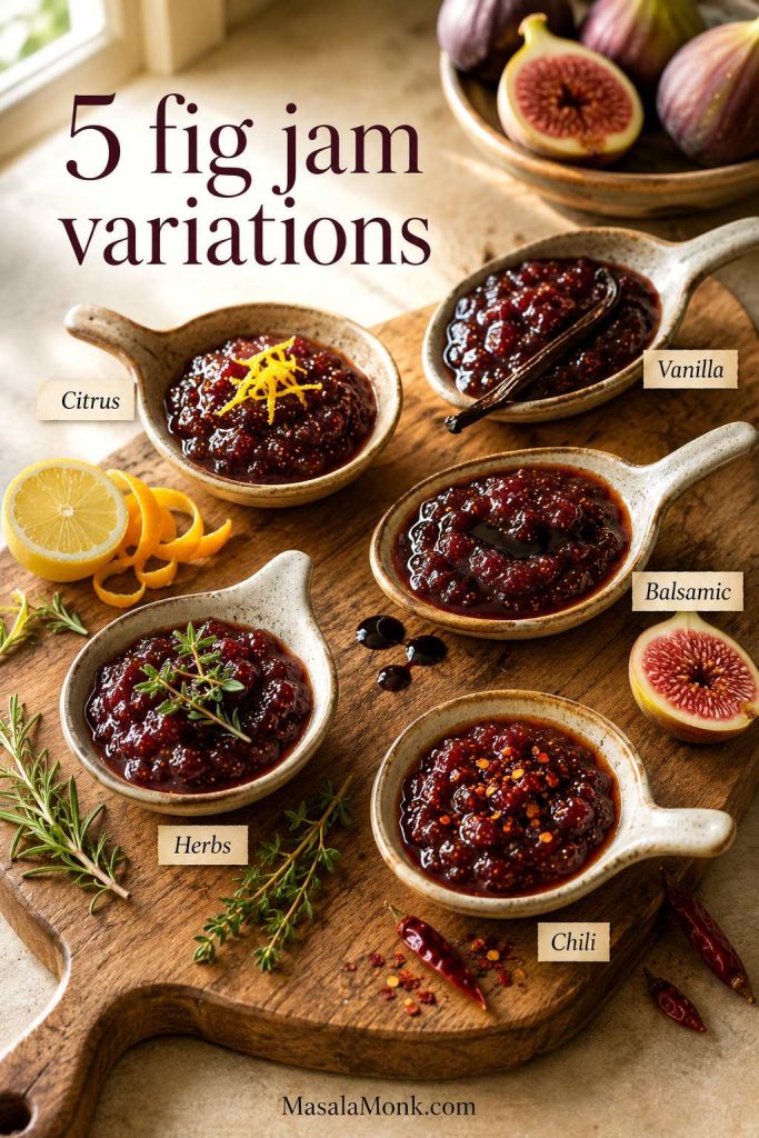 Five fig jam variations in small bowls labeled citrus, vanilla, balsamic, herbs, and chili.