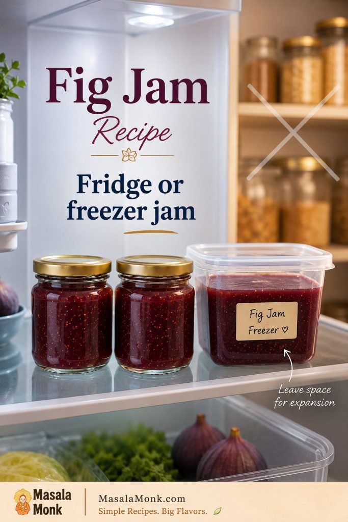 Fig jam jars shown for refrigerator storage, freezer storage, and tested canning only.