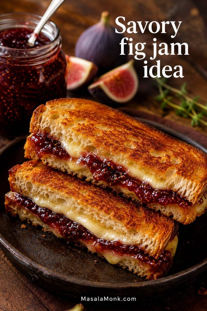 Grilled cheese sandwich with melted cheese and a visible layer of fig jam, served with a jar and fresh figs.