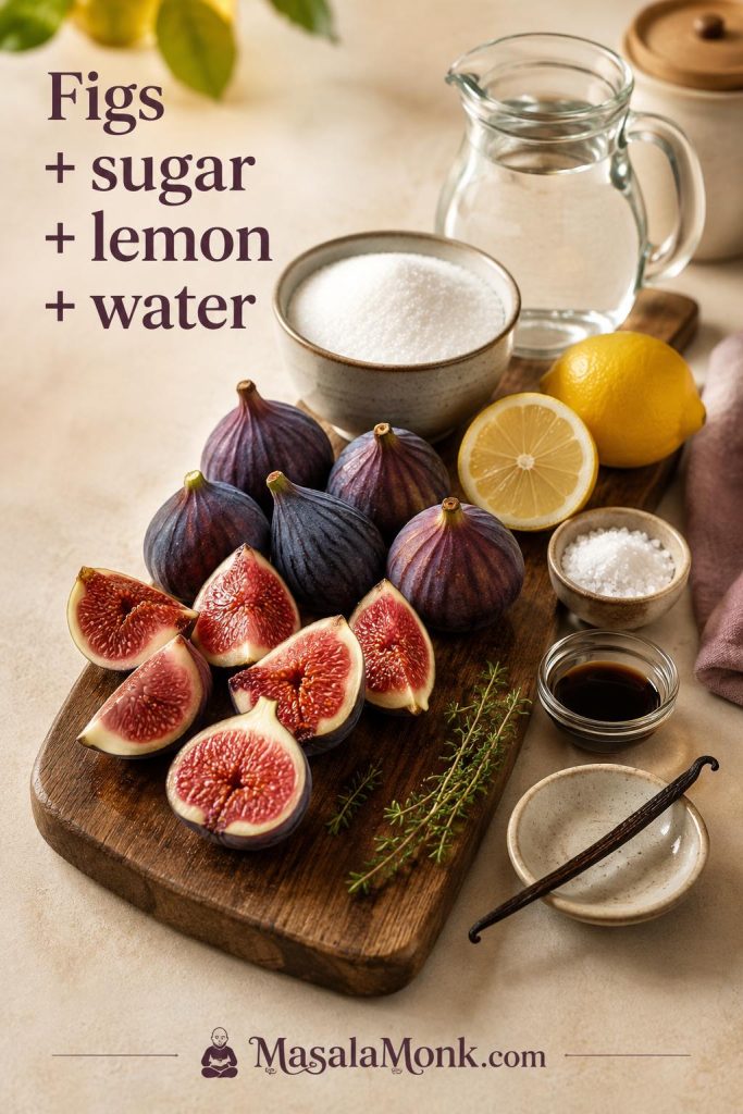 Fresh figs, sugar, lemon, water, salt, vanilla, balsamic, and herbs arranged as ingredients for fig jam.