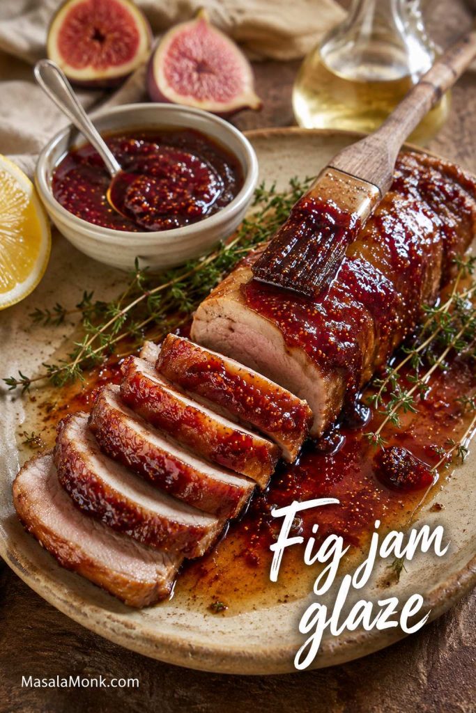 Pork tenderloin brushed with glossy fig jam glaze beside lemon, herbs, and a small bowl of jam.