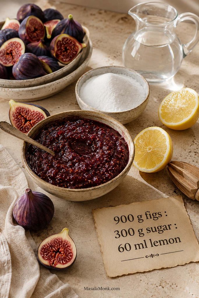 Fig jam ratio guide with measured fresh figs, sugar, lemon, and water on a warm kitchen surface.