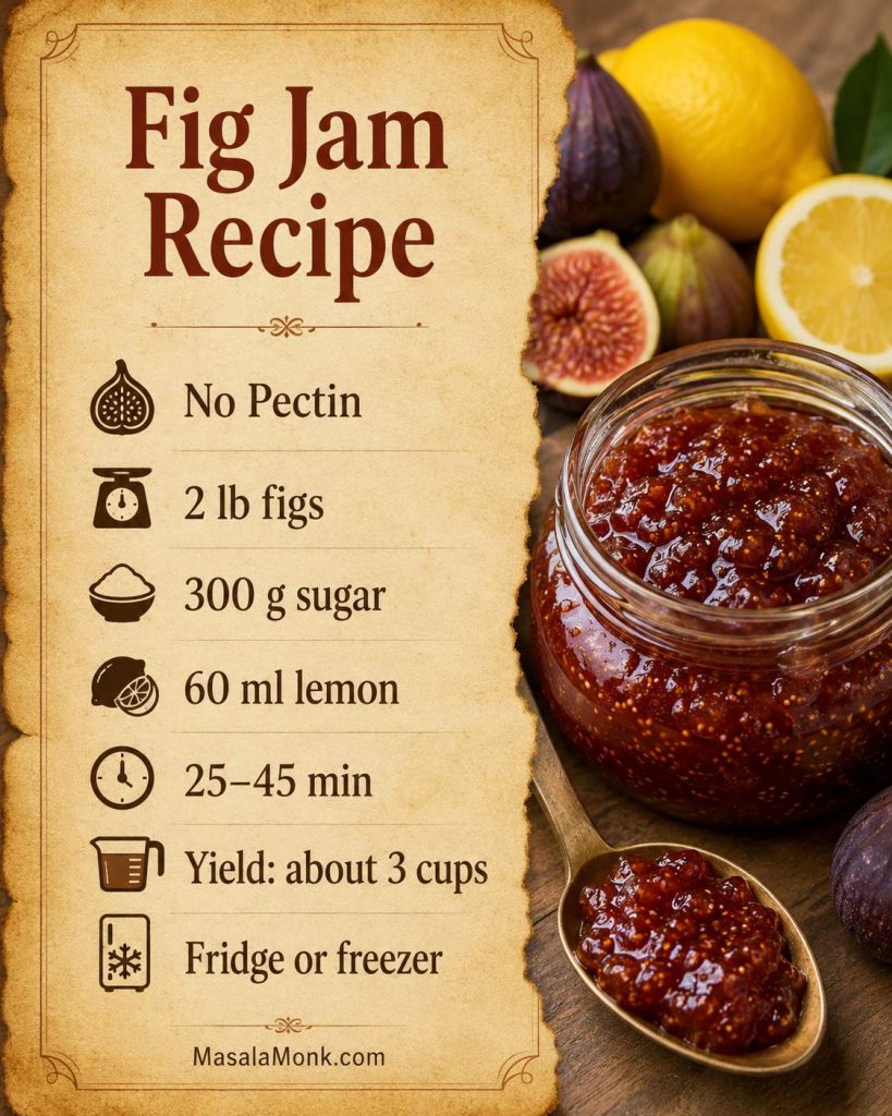 Saveable fig jam recipe card with no pectin, 2 pounds figs, 300 grams sugar, 60 milliliters lemon, cook time, yield, and fridge or freezer storage.