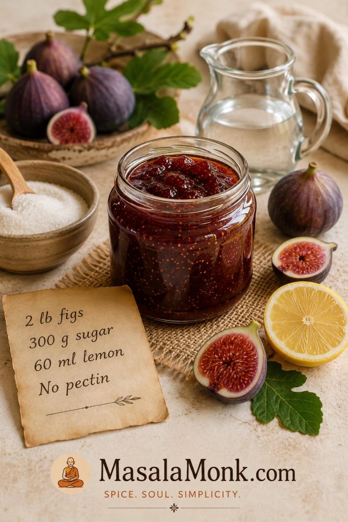 Fig jam recipe snapshot with fresh figs, sugar, lemon, water, and a no-pectin measurement card.
