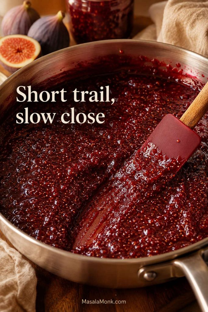 Spatula dragged through thick fig jam in a pan, leaving a short trail that slowly closes.