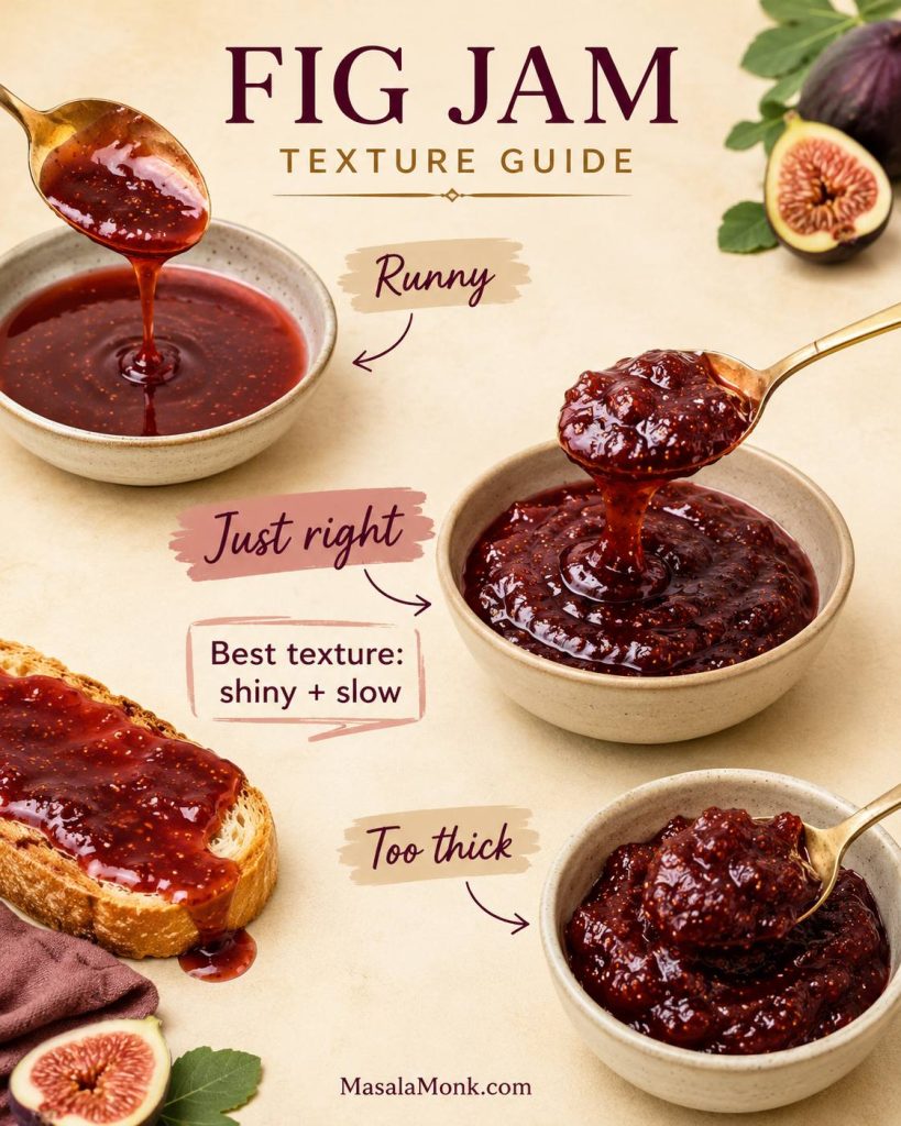 Fig jam texture guide comparing runny, just right, and too thick jam on spoons or toast.