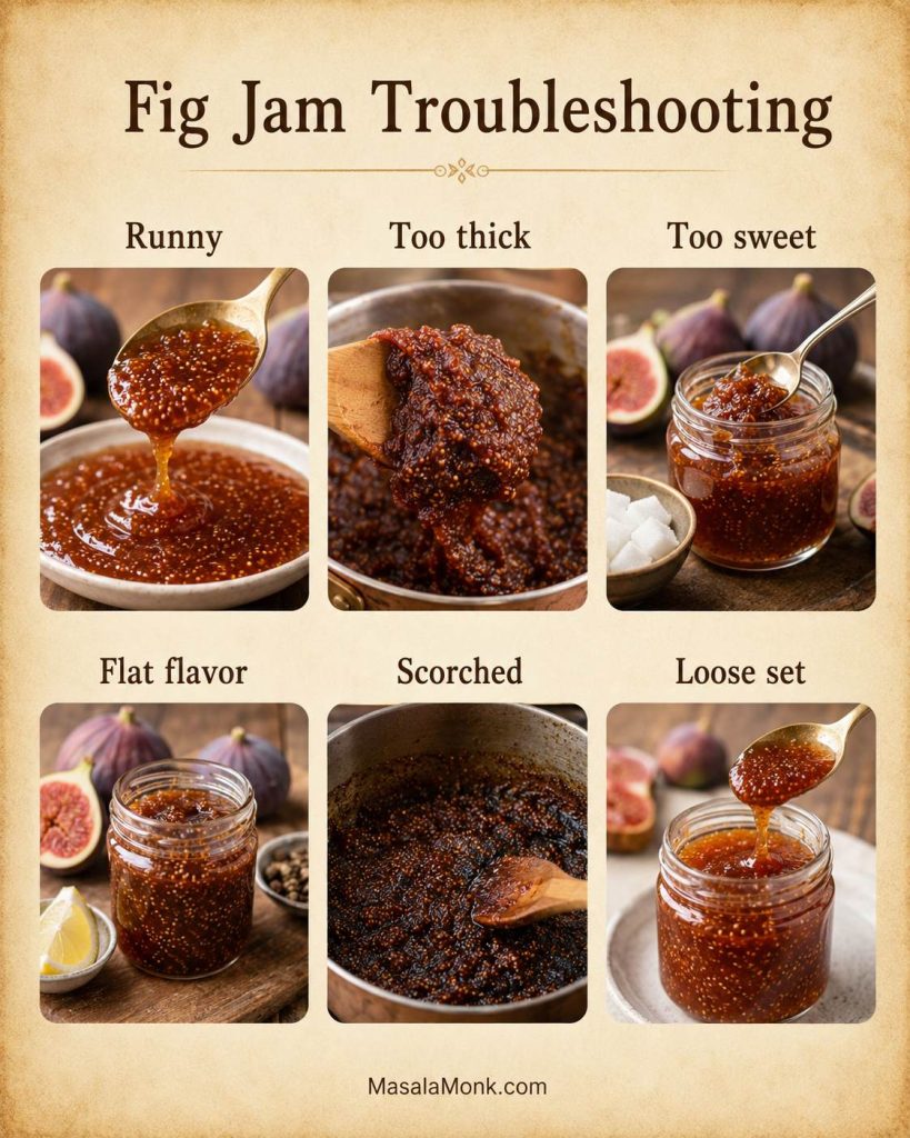 Fig jam troubleshooting guide with examples of runny, too thick, too sweet, flat, scorched, and loose-set jam.