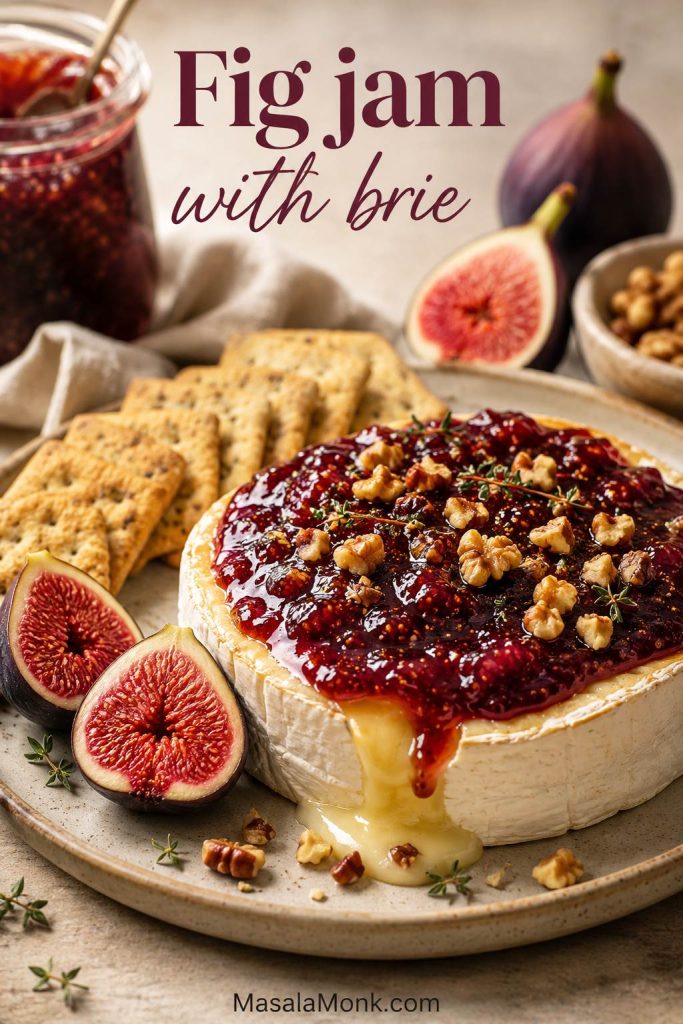 Warm brie topped with glossy fig jam, nuts, crackers, and fresh figs.