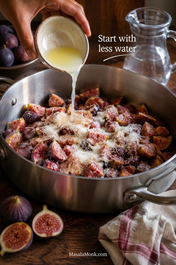 Fresh figs and sugar in a pan while lemon juice is poured in and water waits nearby.