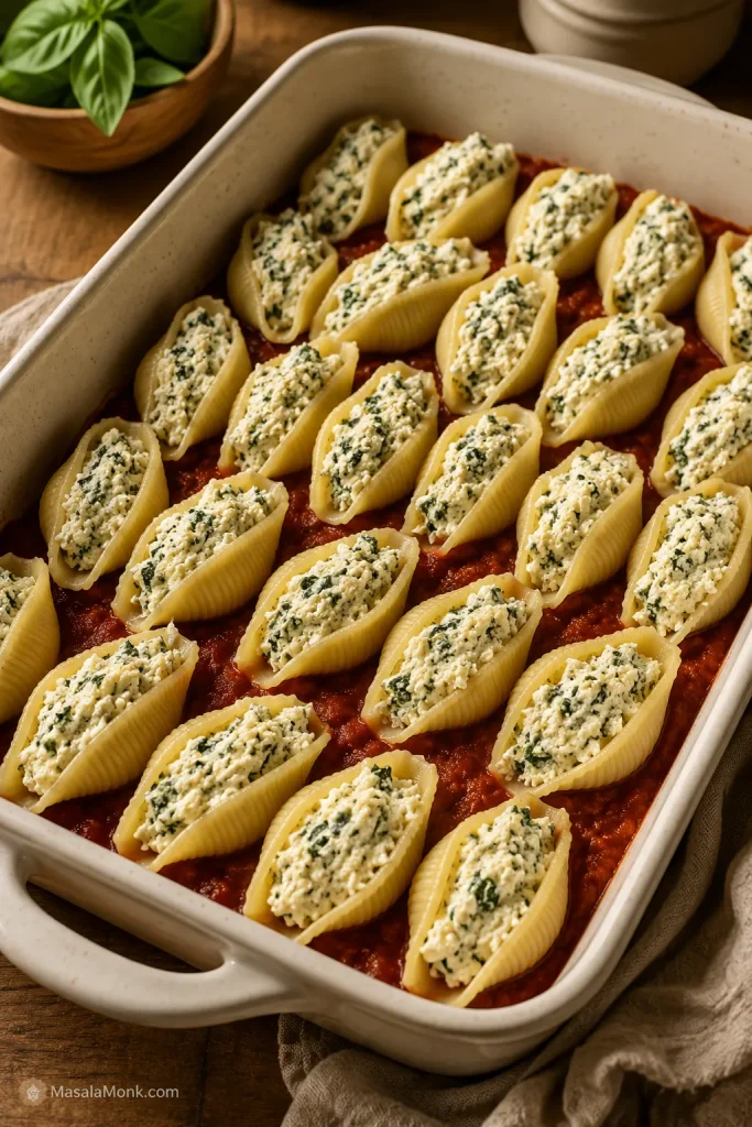 Ricotta-filled jumbo shells arranged in marinara sauce in a baking dish before baking.
