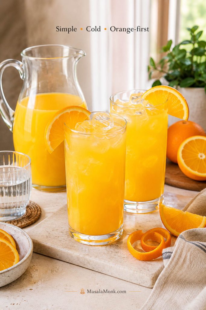 Two finished Screwdriver cocktails with ice and orange garnish, a pitcher behind them, orange peel, orange slices, and a water glass nearby.