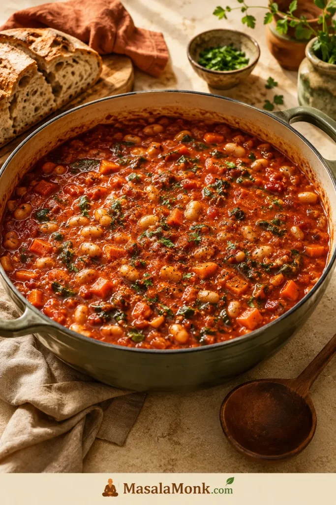 Finished bean stew in a Dutch oven with white beans, carrots, tomatoes, greens, herbs, and a thick red sauce, with bread and a wooden spoon nearby.