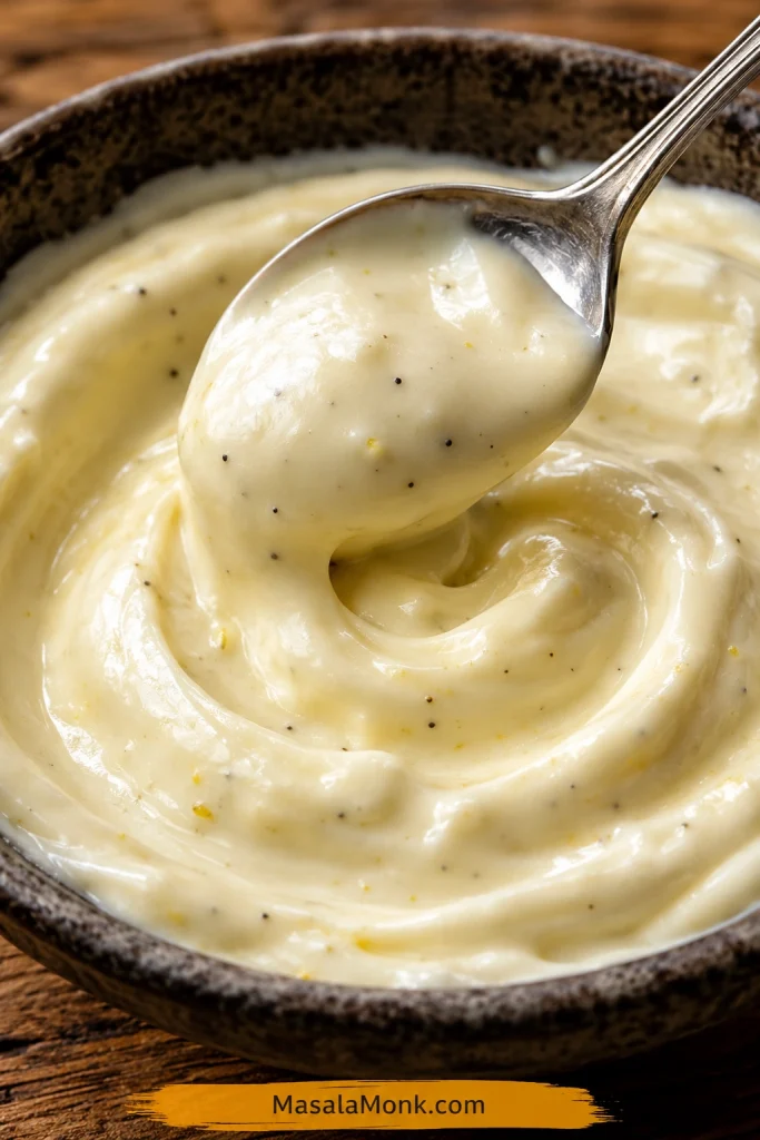 Close-up of creamy garlic aioli in a bowl with a spoon showing thick, glossy texture and small pepper flecks.