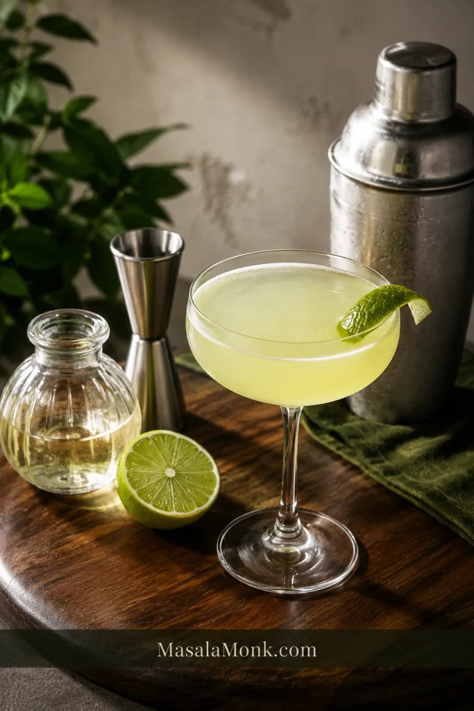 Finished fresh-lime Gimlet beside a jigger, lime half, simple syrup, shaker, and cocktail tools.